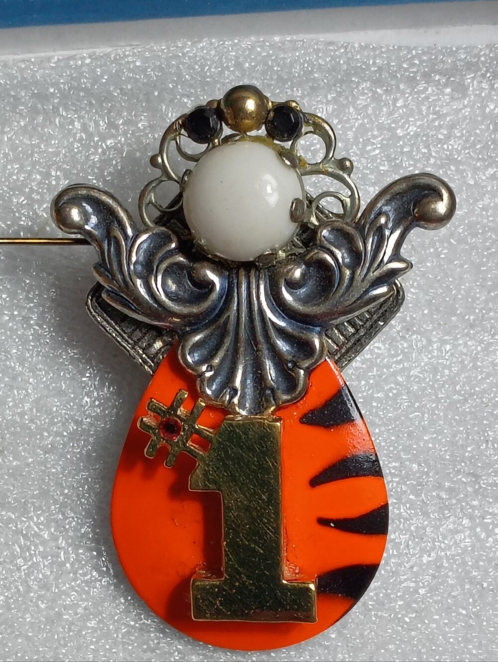 #1 Victory Angel Brooch Orange & Black Tiger Stripes Gold  White Face Handmade